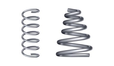 Metal yay, yalıtılmış esnek spiral metal tel düz ve sivri ya da koni biçiminde. Esnek yay bobinlerinin vektör gerçekçi seti, süspansiyon veya makine emici için farklı şekiller