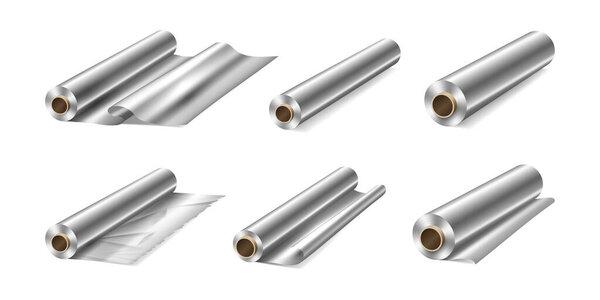 Бумажный рулон для выпечки, пищевая упаковка алюминия в реалистичном дизайне. Векторные кухонные принадлежности для иллюстрации, металлическая бумага для упаковки продуктов. Упаковка или упаковка в металлическую трубку