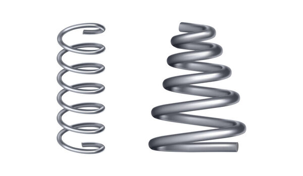 Metal spring, isolated flexible spiral metal wire straight and tapered or conical form. Vector realistic set of elastic springy coils, different shapes for suspension or machine absorber