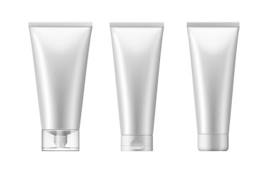Kozmetik ürünleri için kapaklı boş plastik tüp. Gerçekçi güzellik ürünleri, losyonlar, şampuanlar, kremler ya da diş macunları. Cilt ve vücut için merhem ya da tedavi paketleri