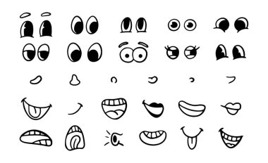 Hand drawn colorless doodle character facial parts and faces. Vector isolated mouths with smile and sticking out tongue, screaming and whistling. Eyes with eyelashes and brows, noses and mimics clipart