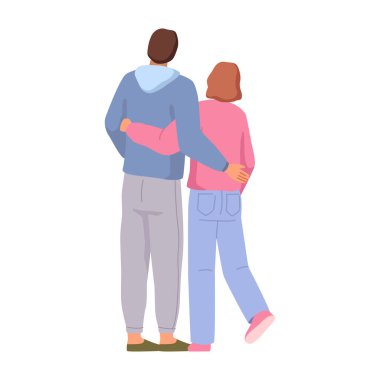 Birbirlerine sarılan çift, yalıtılmış erkek ve kadın sarılıp yürüyorlar. Randevuda vektör düz çizgi film karakterleri, arkadan sevgili görüntüsü. Dostlar ya da sevilen kişiler geziniyor