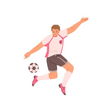 Çizgi filmdeki erkek futbolcu topa arkadan vuracak. Vektör aktif erkek tekmesi, formalı atlet oynayan futbol oyunu. Futbol oynayan sporcu bir adamın resmi.