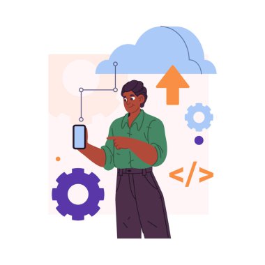 Akıllı telefonu bulut uygulamasına bağlayan erkek karakter. Vector izole edilmiş telefon yapılandırması veri ve dosyalar, kişisel belgeler ve bilgiler için yedek depolama ve güvenlik