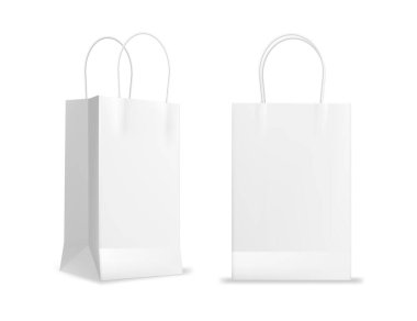 Kağıt yüksek form alışveriş torbası izole paketler. Satış hediye çantaları, satış ürünleri. Boş alışveriş çantaları şablonları, süpermarket alışveriş çantaları. Boş torbalar vektör illüstrasyon tasarımı