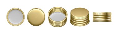 Cam ya da plastik şişe için vida kapağı, izole edilmiş altın rengi kavanoz kapakları. Konteynırları yiyecek ve içeceklerle kapatmak için tırtıklı metal kaplama. Boş paket parçaları seti, ön ve üst, yan görünüm