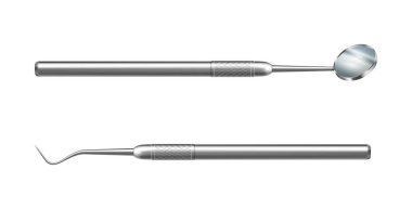 Stomatologlar ve dişçiler için araç gereç. Diş ve çürüklerin tedavisi için orak sondaların ve ağız aynalarının gerçekçi ikonları. İnceleme ve önleyici kontrol