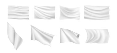 Rüzgarda sallanan tekstil kumaşları, kopyalanmış gerçekçi bayraklar. Reklam için vektör kumaş sayfası, ileti veya duyuru için katlanmış malzeme, yatay etiketler