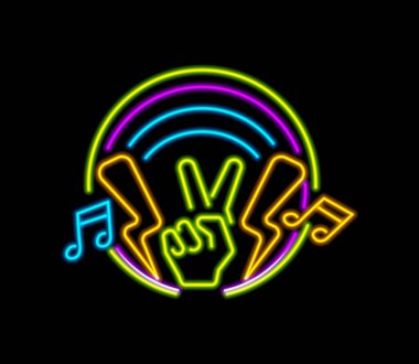 Tiz tuşlu, şimşek ve ses dalgalarıyla parlayan barış işareti. Neon ışık efektli gerçekçi hippi sembolü. Gece kulübü rozeti ya da tabela. Karaoke bar eğlencesi