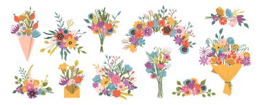 Yaprak, taç yaprak, dal ve yaprak desenli kır çiçekleri. Vektör, özel kağıt ve zarflarda ince dallar ve yapraklarla çiçek bileşimini izole etti. Mağaza veya mağaza çeşitleri koleksiyonu