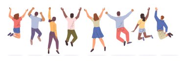 Group of happy community jumping expressing success, back view. Vector isolated young cartoon characters joyful hopping, dancing multiracial people with raised hands. Happiness and freedom clipart