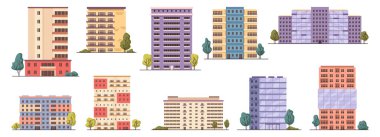 Ofiste yaşamak ve çalışmak için konutlar, izole edilmiş modern binalar. Çevresinde çeşitli katlar ve yeşillikler bulunan vektör şehir veya kasaba yapıları, metropolde kentsel mimari