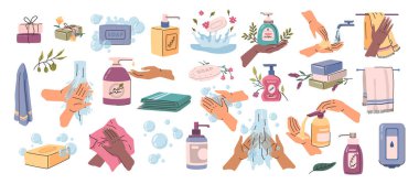 Kişisel hijyen ürünleri koleksiyonu. İzole edilmiş kağıt ve tekstil havluları, katı ve sıvı bitki sabunları. Doğal ve organik temizlik ve el yıkama. Sağlık ve refah