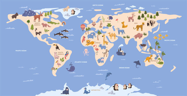 Карта мира с дикими животными, живущими на разных континентах и в океанах. Векторное детское настенное искусство с живой природой и континентами. Америка и Европа, Азия и Африка, Австралия и Арктика