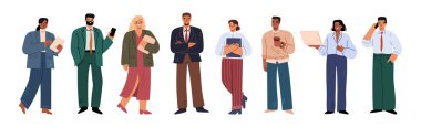 Yöneticiler ve liderler resmi kıyafetler içinde. Düz tarzda vektör, izole edilmiş iş karakteri seti. Başarılı girişimciler ve sekreterler, asistanlar ve danışmanlar belgelerle, telefonla konuşuyorlar.