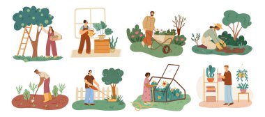 Çalışma araçlarıyla çiftçilik ve bahçe işleri yapan insanların faaliyetleri. Düz stil taşıyıcı, izole çiftlikler ve bahçeler, büyüyen çalılar, çiçekler ve iş için bitkiler
