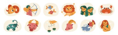 Burç burcu işaretleri ayarlandı. Düz stil vektörü, astrolojik toprak elementi sembolü, başak ve terazi karalamaları, artılar ve gemini, leo ve boğa, balık ve yay burcu, akrep ve oğlak burcu.