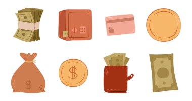 Para kazanma ve tasarruf. Düz stil vektör, izole edilmiş dolar ve bozuk para seti. Nakit ve bankacılık, depozito ve kredi kartı kullanımı. İçinde banknotlar olan cüzdan ya da çanta. Nakit ve para birimi