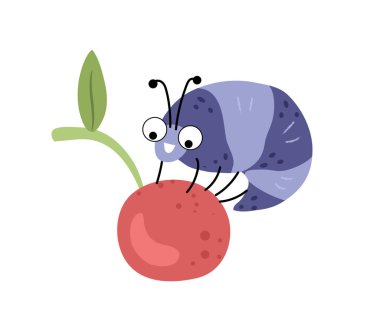 Gülümseyen tırtıl kirazın üzerinde oturuyor. Vektör uzun segmentli silindirik gövdeli, çizgili ve çift bacaklı komik yaratığı izole etti. Kelebeklerin ve meyveli güvelerin larva safhası