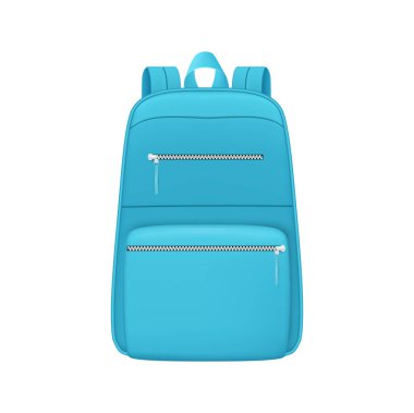 Cepleri ve kayışları olan okul çantası. Vektör gerçekçi modern el çantalarını kopçalarla izole etti. Okul ya da seyahat için sırt çantaları, fermuarlı torbalar ve taşımak için saplar. Fermuarlı tekstil çantası.