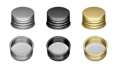 Şişe vida kapağı şablonu, izole edilmiş boş gümüş ve altın metal ya da alüminyum kavanoz kapakları. Üst ve iç ambalaj bölümünün vektör simgesi. Paketi açmak veya kapatmak için döndür