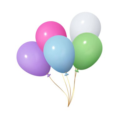 Kurdeleli şişme helyum balonları. Özel kutlama etkinlikleri için parlak uçan dekorasyonun gerçekçi ikonunu izole ettim. Karnaval ya da şenlik, bayram dekoru ve doğum günü için tasarım