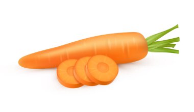 Yemek pişirmek için havuç malzemesi, izole edilmiş gerçekçi dilimler. Diyet ve beslenme için organik doğal ürün. Sağlıklı yaşam tarzı, çıtır çıtır ve tatlı tatlar için mutfak ürünleri