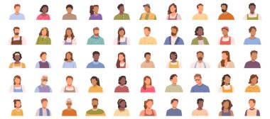 Yüzü olmayan bireylerin portreleri. Vektör kadın ve erkek yüzsüz resim koleksiyonu. Çeşitli milletlerden gençler, yetişkinler ve yaşlılar. Öğrenciler, işçiler ve emekliler