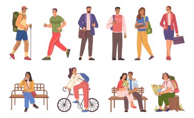 Yaz tatili, çizgi film karakterlerinin aktiviteleri, yaşam tarzları. Vektör turizmi ve dağ yürüyüşü, koşu ve yürüyüş, bisiklet ve iş gezileri, parkta mola verme ve çift randevusu