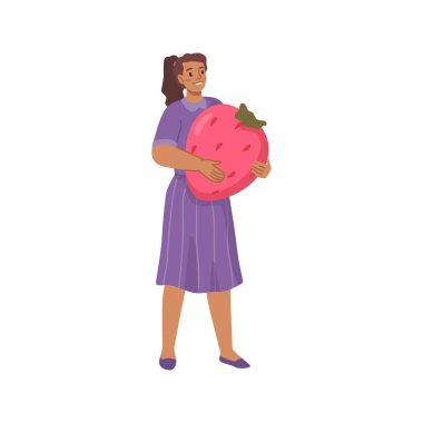 Çilek taşıyan küçük bir kadın, taze yaz yemeği. Market ürünüyle küçük hanım, vejetaryen sağlıklı yiyecekler. Büyük meyve hasadı olan genç insan, düz çizgi film insan vektör çizimi