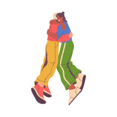 Arkadaşlar birbirlerine sarılıyor, sevgilileriyle ayrı ayrı buluşuyorlar. Aile üyeleri kucaklaşıp gülümsüyor, yakın insanlarla ilişki kuruyor. Düz çizgi film karakteri, vektör çizimi