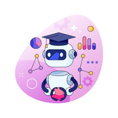 Yapay zeka makinesi, mezuniyet şapkası takan izole edilmiş robot. Vektör yapay zeka teknolojisi ve iş ve kalkınma için gelecekteki yenilikler. Düşünebilen, analiz edebilen ve sorunları çözen bir robot.
