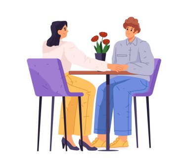 Erkek arkadaş ve kız arkadaş kafede ya da restoranda oturuyor. Vektör erkek ve kadını izole eder, yürür ve el ele tutuşur, romantik bir akşam geçirir erkek ve kız, karı ve koca birlikte vakit geçirir.