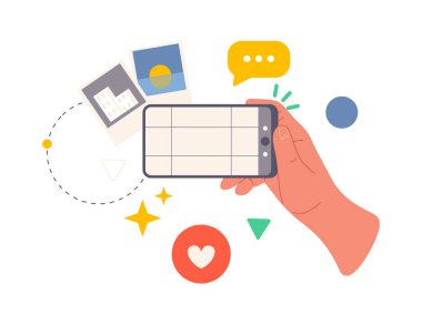 Planlama programı veya takvimi olan akıllı telefon, düz çizgi film vektör çizimi. Üretkenlik ve zaman yönetimi için ofis başvurusu ile izole edilmiş el, iş projesi dosyası