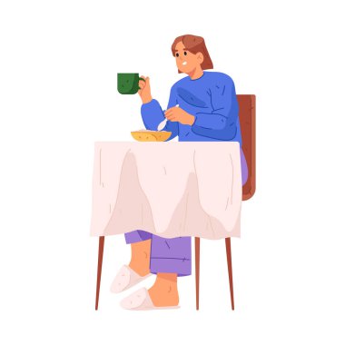 Kadınların günlük rutini, izole edilmiş kadın şahsiyeti evde masa başında oturuyor. Vector düz çizgi film karakteri pijama giyiyor, kahvaltı yapıyor, kahve içiyor ya da çay içiyor. İşten önce hazırlanıyorum.