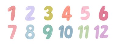 Poster ve afişler için tipografik rakamlar ve rakamlar. Düz stil vektörü, çocuklar için izole edilmiş öğrenme ve çalışma kartları. Bebek ayları ya da yıl dönümü kutlamaları doğum günü için