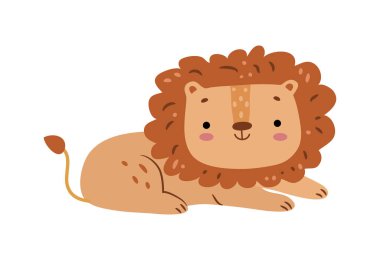 Aslan gibi tatlı bir bebek hayvan uzanmış ve gülümsüyor. Uzun kuyruklu ve kürklü vahşi memelileri taşıyın. Safari karakteri ikonu izole etti. Çizgi film hayvanat bahçesi ya da yedek park yırtıcısı. Çocuklar için oyuncaklar