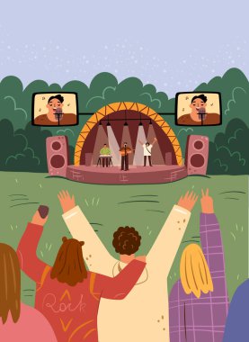 İnsanlar açık hava festivalinde en sevdikleri grubu dinliyor. Müzikal performans, hayranlar için konser. Sanatçılarla sahne, en iyi şarkıları ve besteleri olan müzisyenler. Yaz tatili ve eğlence