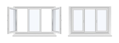 Cam kapaklı veya kapalı kapılı plastik pencere çerçevesi. Vektör izole edilmiş gerçekçi mimari yapı ya da yapı malzemeleri seti. Apartman duvarı için boş sınır