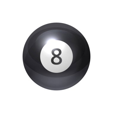 Bilardo masası, bilardo masası, beyaz küre, sekiz baskı, spor oyun eğlence ekipmanları, üç boyutlu tasarım illüstrasyonu. 8 rakamlı bilardo topu, 3 boyutlu gerçekçi tasarım vektör illüstrasyonu