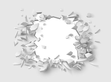 Paneldeki kırık delik, duvardaki gerçekçi çatlak. Taşıyıcı tuğla ya da alçı. Parçalanmış ya da yok edilmiş bariyer kopyalama alanını ortaya çıkarıyor, metin için boş bir yer. Taşlar ve beton bina