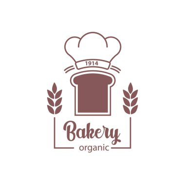 Fırın dükkanı için Baker iş logosu. Buğday kulaklı, şef şapkalı ve ekmek dilimli siluetli vektör izole logosu. Modern basit somun organik malzemelerden yapılmış, yerel üretim