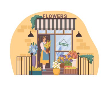 Çiçekçi dükkanına hoş geldiniz. Buketler ve kompozisyonlar var. Vektör izole satıcı ya da sahibi Flora, çiçekçi dükkanı ön cephe ya da saksı bitkileri ve botanik süslemeleri ile dış