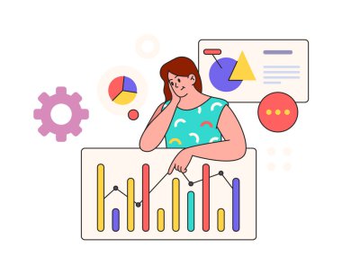 İş kadını veri analiz araştırması, veri tabanı ve grafik grafikleri yapıyor. Vektör kız finans çalışanı, serbest çalışan uygulama geliştirir. Finansal yönetici satışları, grafikleri ve grafikleri araştırıyor