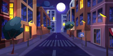 Cityscape view at night, town street with apartment buildings and blocks, trees and pedestrian crossing with sign. Vector city panorama skyline with starry sky and full moon scenery clipart