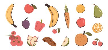 Taze meyve ve sebze çeşitleri. Vektör muzlar ve elmalar, havuç ve dolma biber, armut ve kayısı, erik ve kiraz, limon ve domates. Lezzetli ve besleyici aperatif veya yemek
