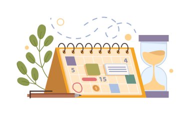 Tarih ve görev, toplantı ve son teslim tarihleri olan düzenleyici veya planlayıcı. Vektör iş ve iş için zaman yönetimi araçlarını izole etti. Kum saati, yapraklı kalem ve bitki dalı.