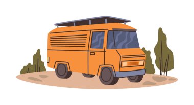 Yolcular için karavan, şehirlerarası yolculuk için izole edilmiş karavan. Gezginler için elverişli modern bir karavan. Karavan hayatı, otobüs ya da uyumak için yeri olan büyük bir otomobil. Araç yolda.