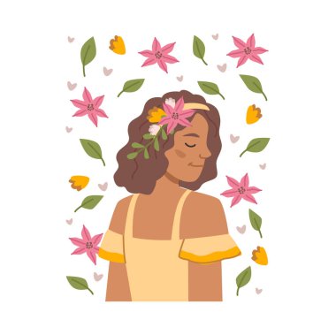 Düşen yaprakları ve çiçek açan çiçekleri olan gülümseyen bir kadın. Vektör düz çizgi film karakteri, zarif ve kadınsı kız pozu. Yaban çiçekli ve saçlı çiçek desenli bir kadın portresi.