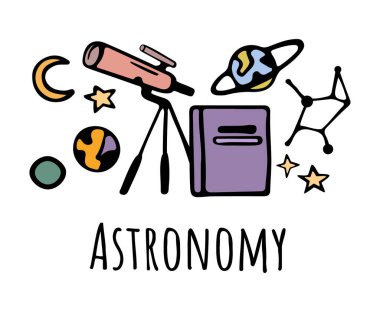 Astronomi dersi, üniversitede ya da üniversitede disiplin. Öğrenci müfredatı için vektör düz çizgi film simgeleri. Gezegenler ve uzay, galaksi ve gök cisimleri hakkında bilgi